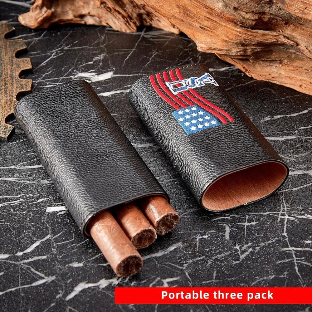 🇺🇸 Patriotic 3-Cigar Travel Case – Leather Look | Built-in Humidifier Style